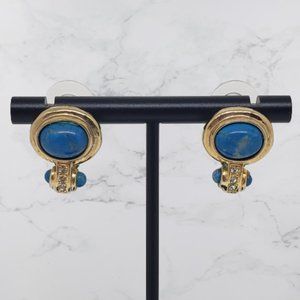 Vintage Blue Bead Rhinestone Dangle Drop Gold Tone Earrings Pierced Round